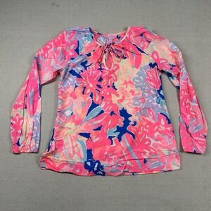 Lilly Pulitzer Top Womens XS Floral Blouse Rayon Tie Neck Colorful Bright Beachy